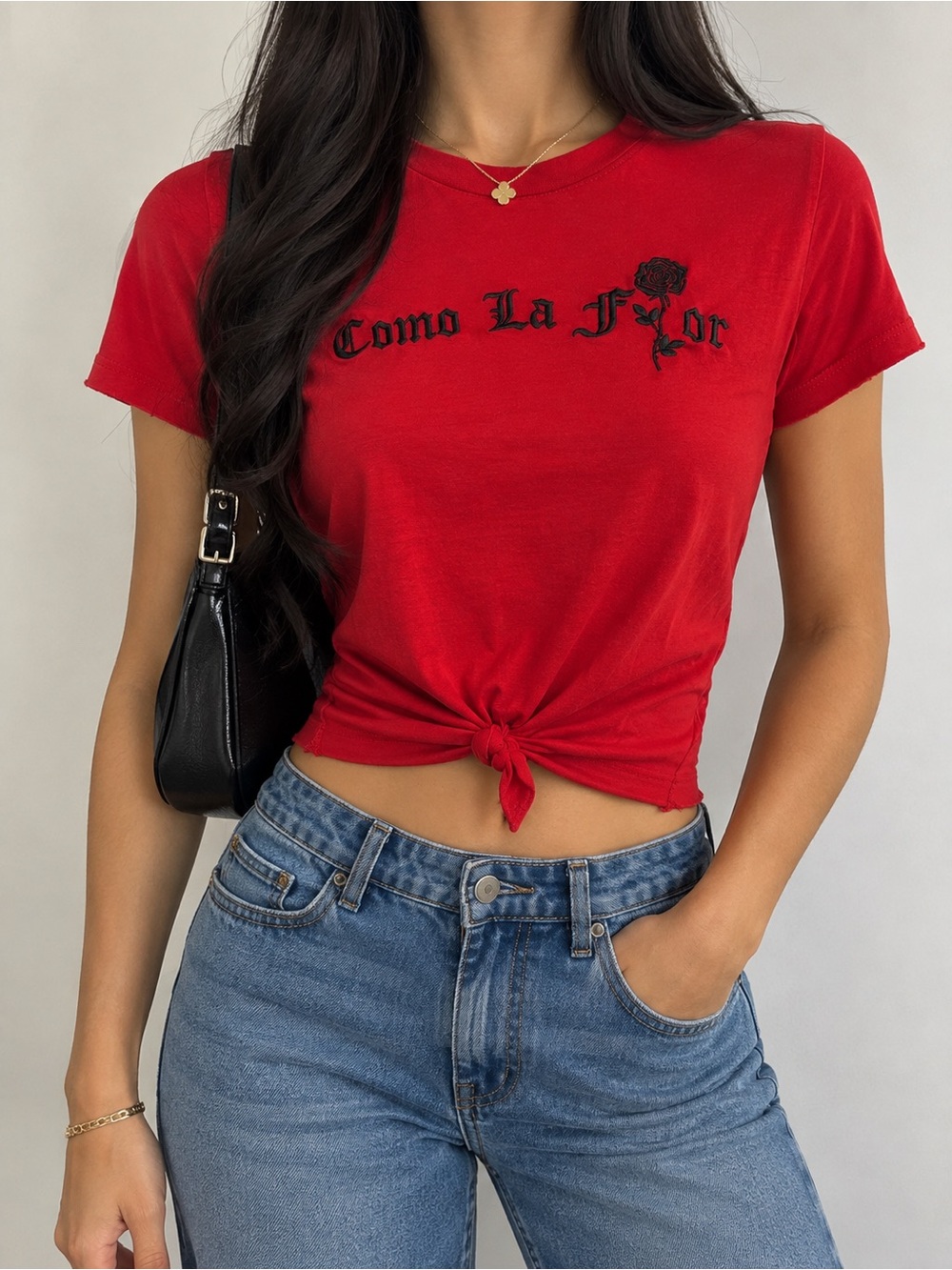Vibe Red Knot-Front Cropped Tee with Black Rose Embroidery